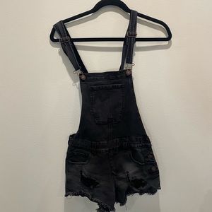 Black stretchy denim overalls